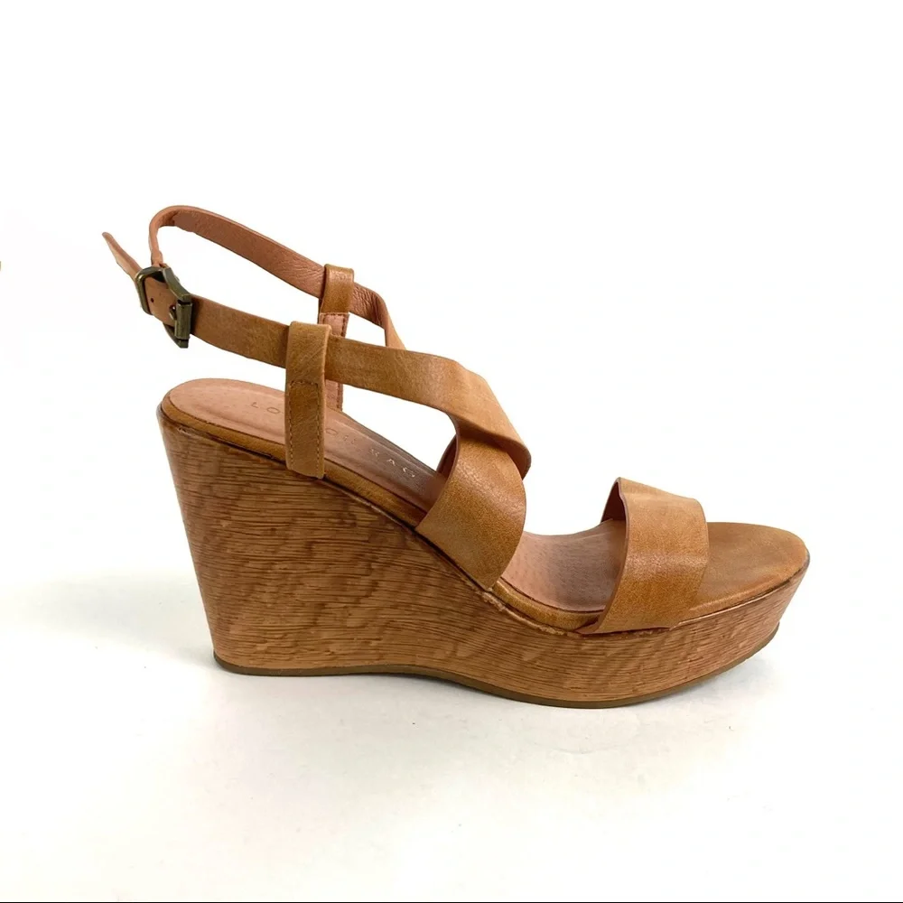 Womens Tan Leather Wedge Sandals - Classic Strappy Platform